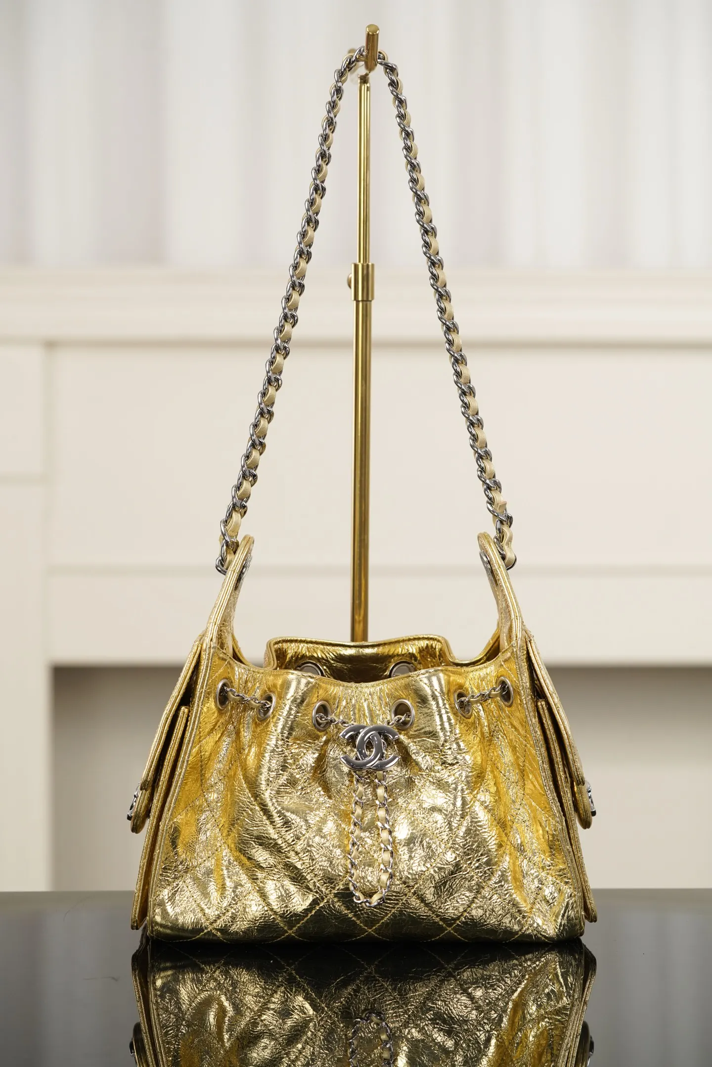 Silver Gold Bucket Bag Casual Leather