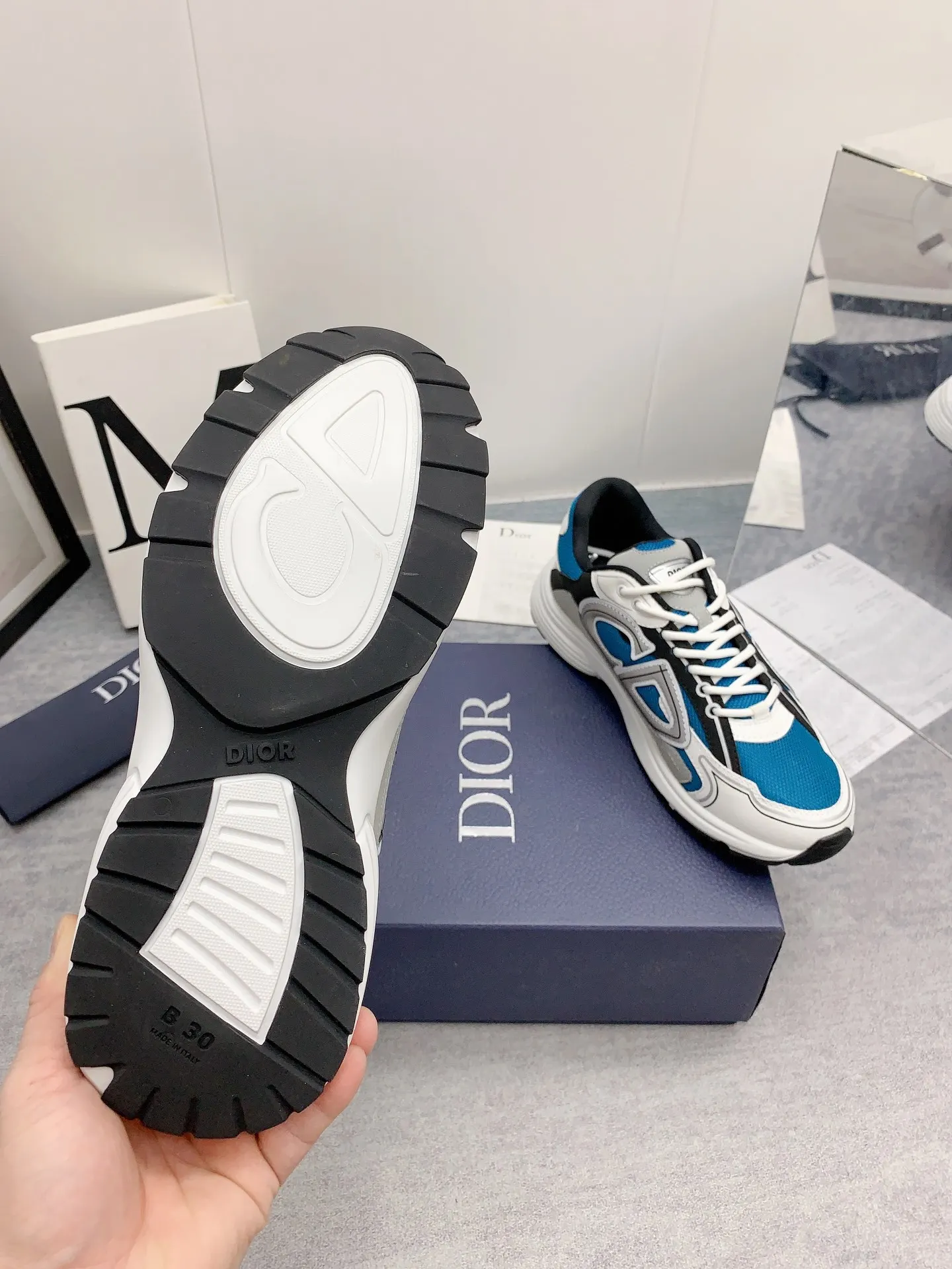 Dior B30 Mesh and Leather Sneakers in Blue and Grey