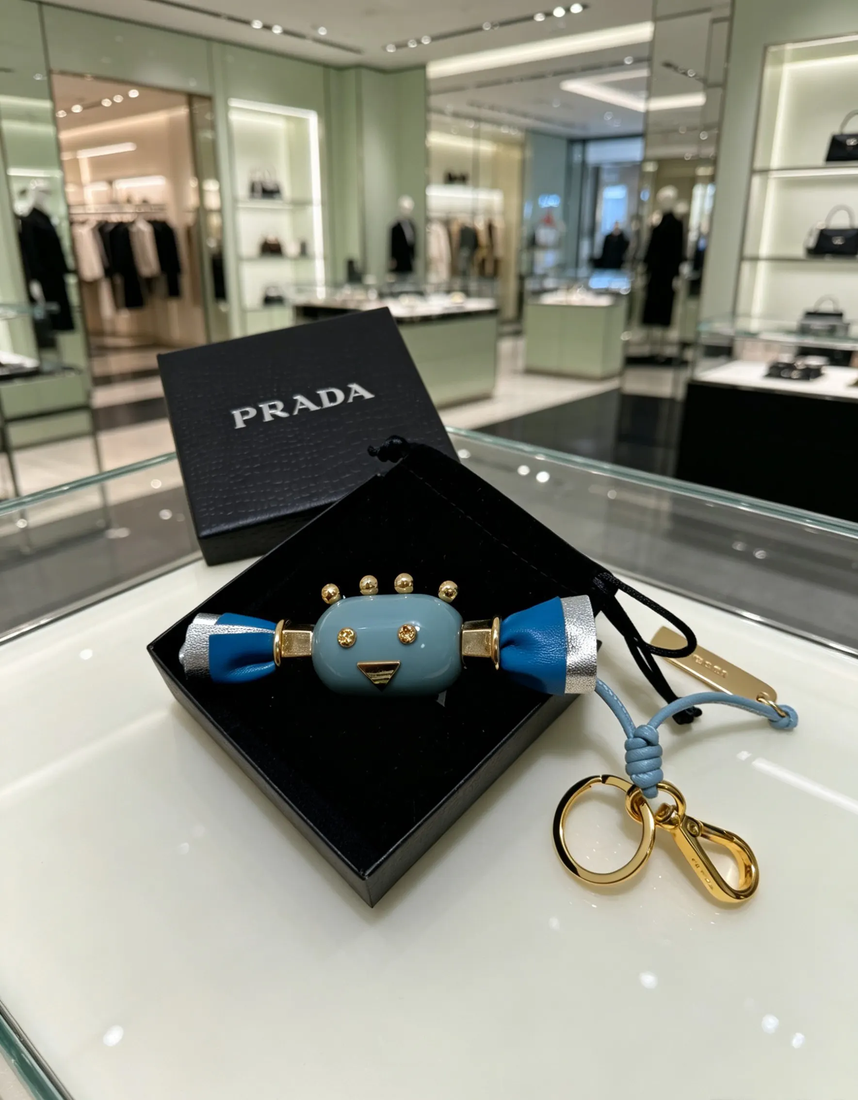 PRADA 蓝色 羊皮 三角标 包包挂饰 包袋点缀款