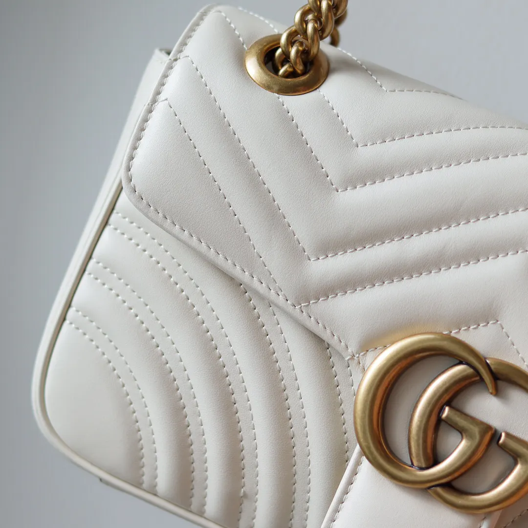 Gucci Marmont 白色 米白 小牛皮 链条包 精致链条款