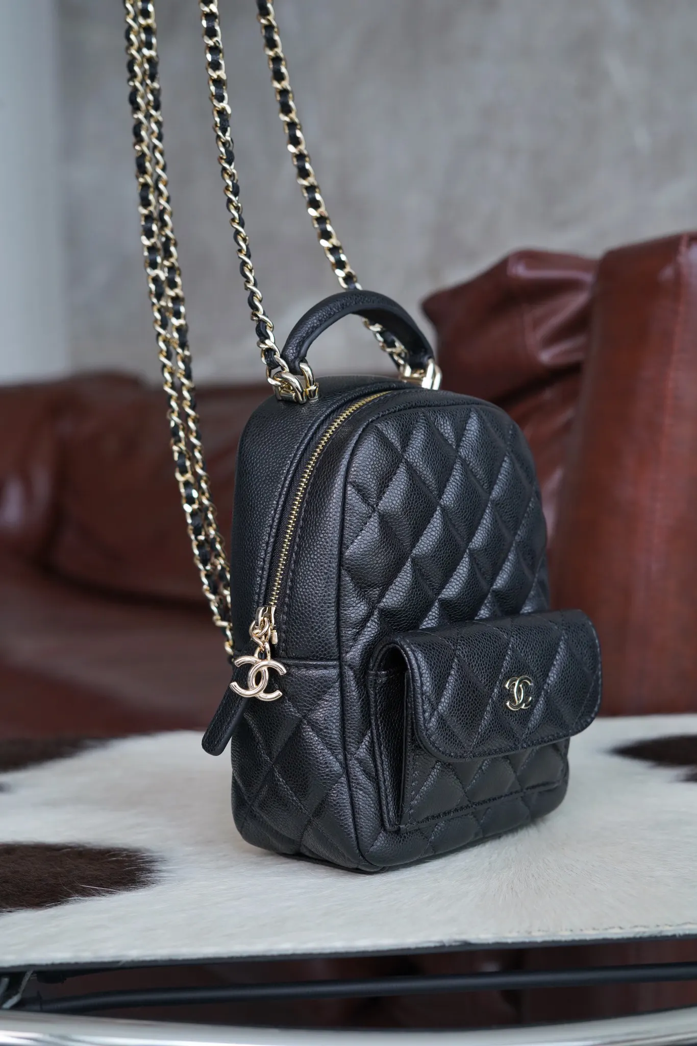CHANEL 金色 小牛皮 雙肩包 实用雙肩款