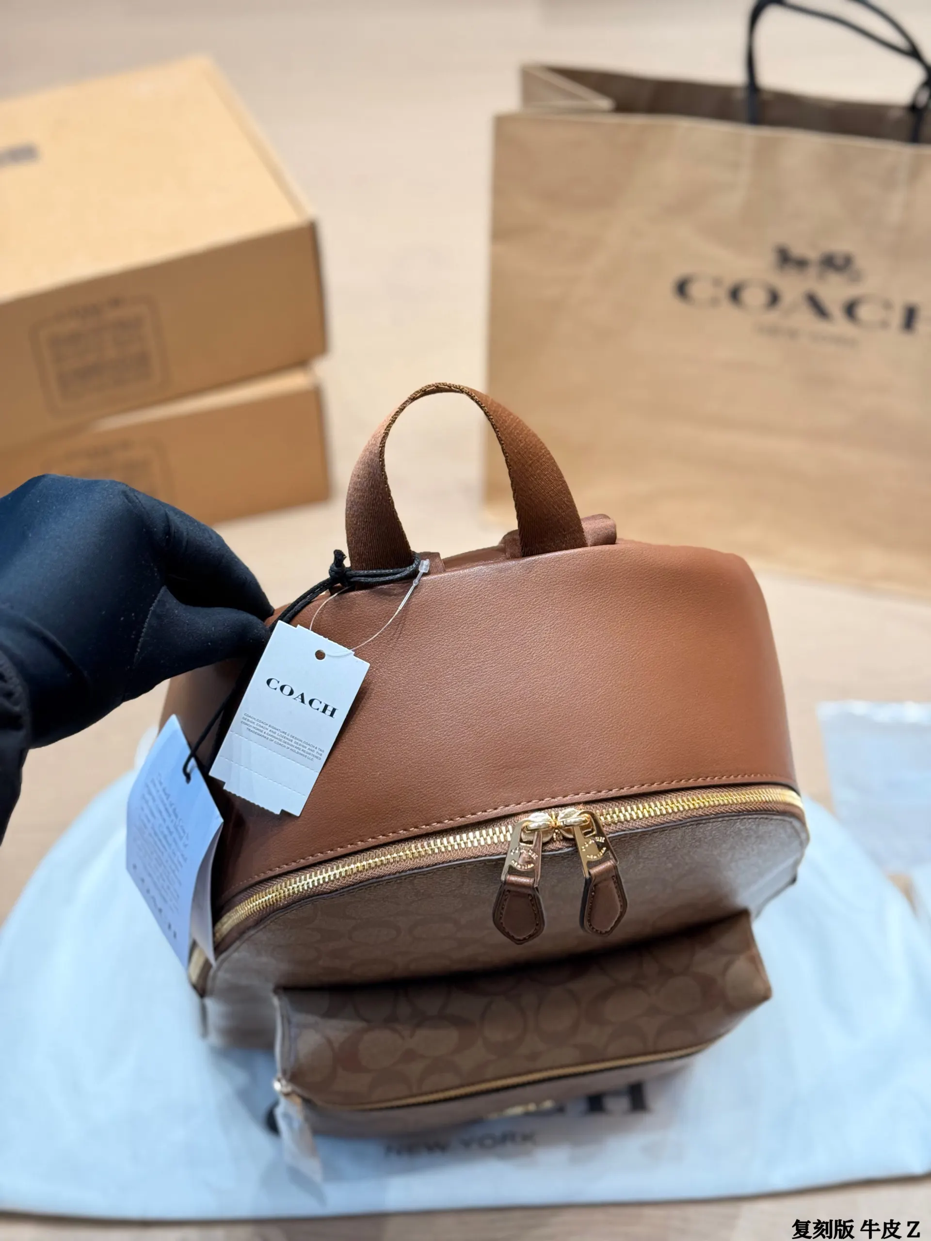Coach 棕色 老花 牛皮 雙肩包 实用雙肩款