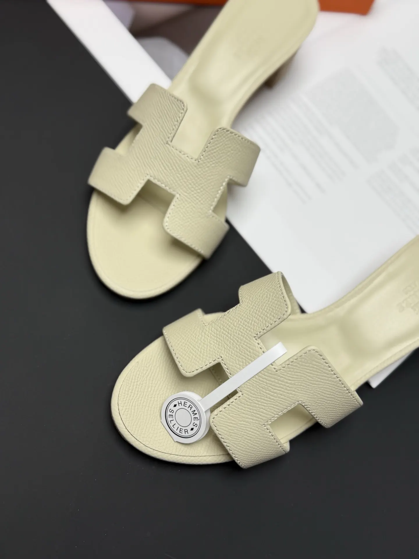 Hermès White Leather Slides