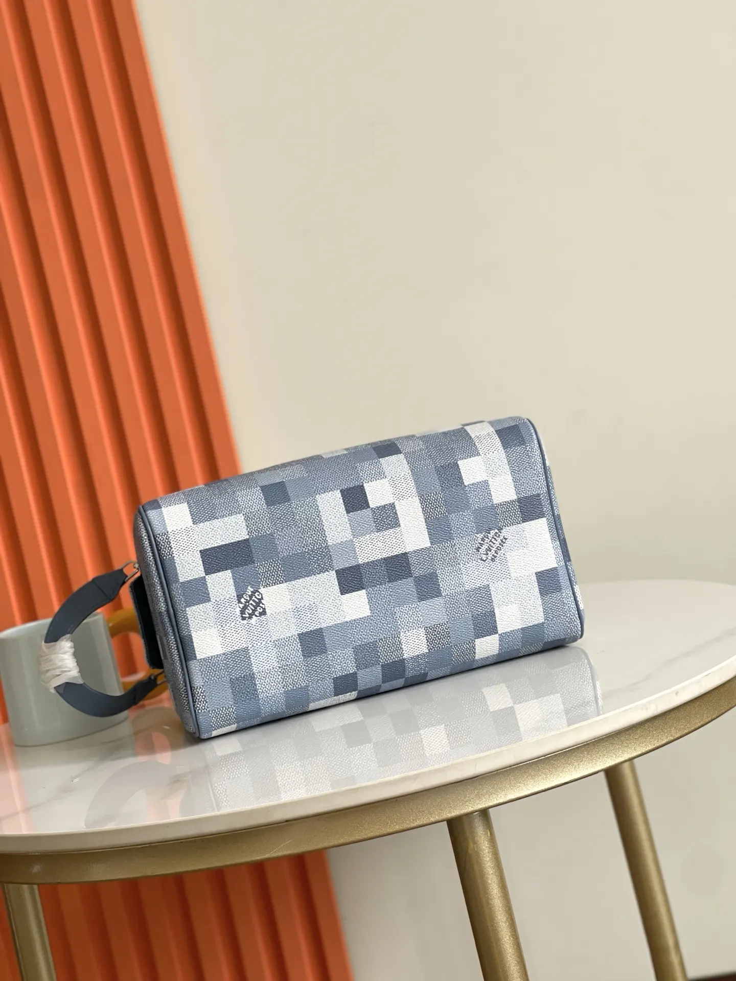 Blue Beige Cosmetic Pouch Leather
