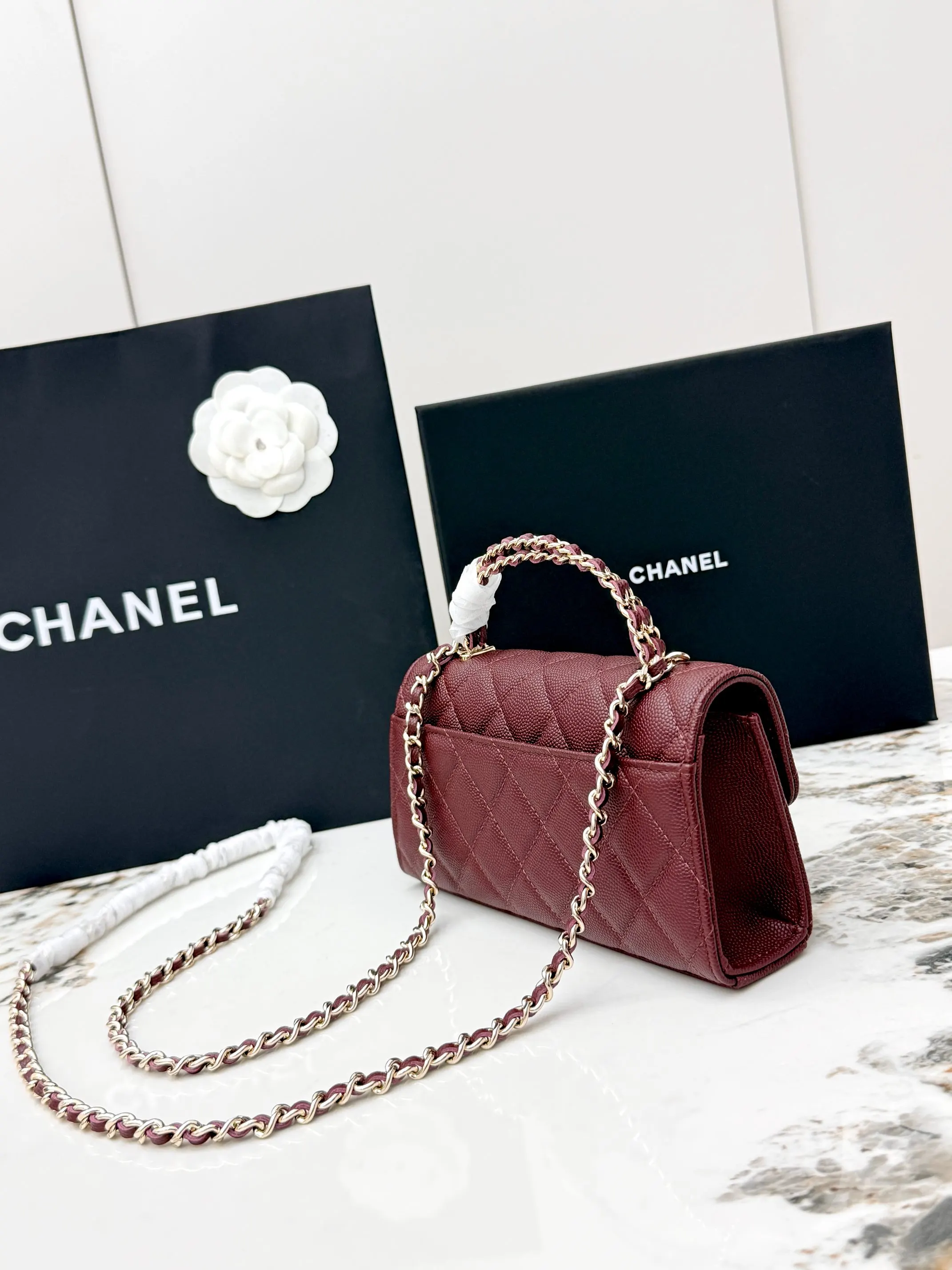 Chanel 酒紅色牛皮Kelly手提包 金链斜挎