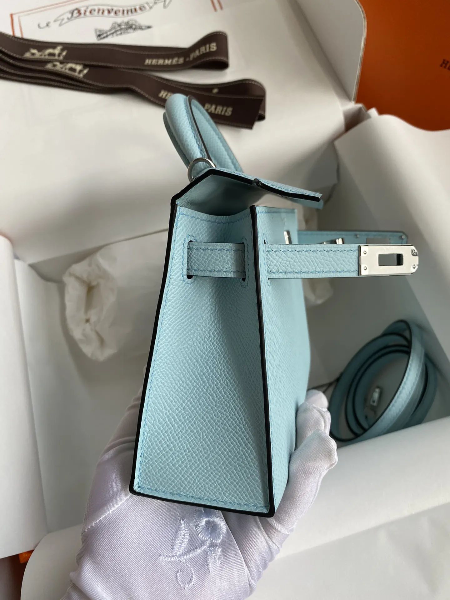 Kelly 二代Mini Epsom皮 微风蓝 银扣 手提包 通勤手提款