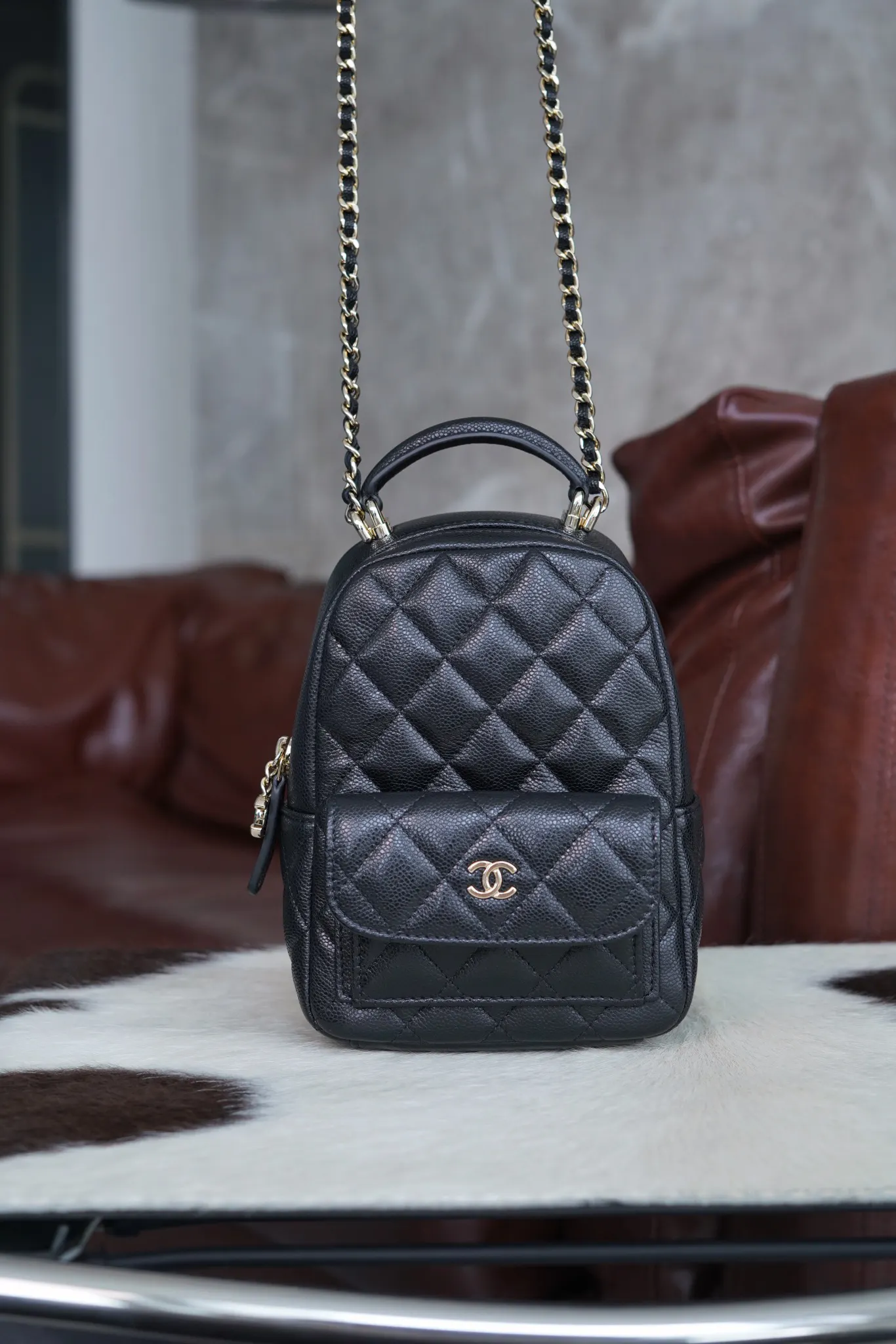 CHANEL 金色 小牛皮 雙肩包 实用雙肩款