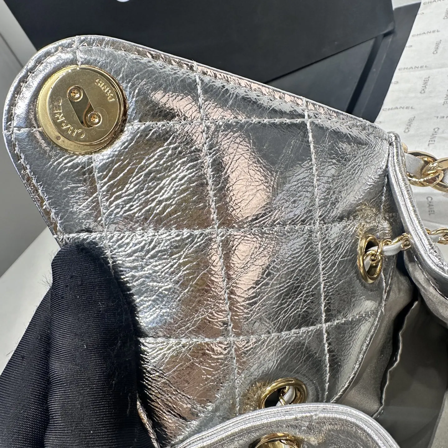 CHANEL Hobo 爆裂銀皮 浅金 皮嘻哈包 腋下包 復古腋下背款