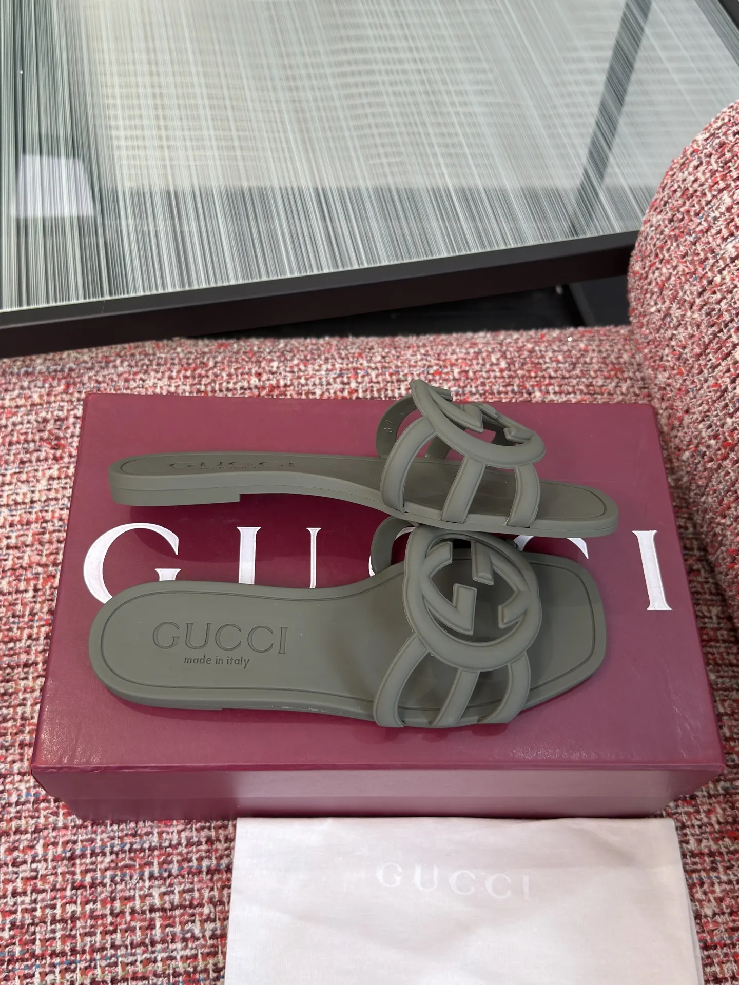 Gucci Interlocking G 灰绿色凉拖 休闲 运动鞋