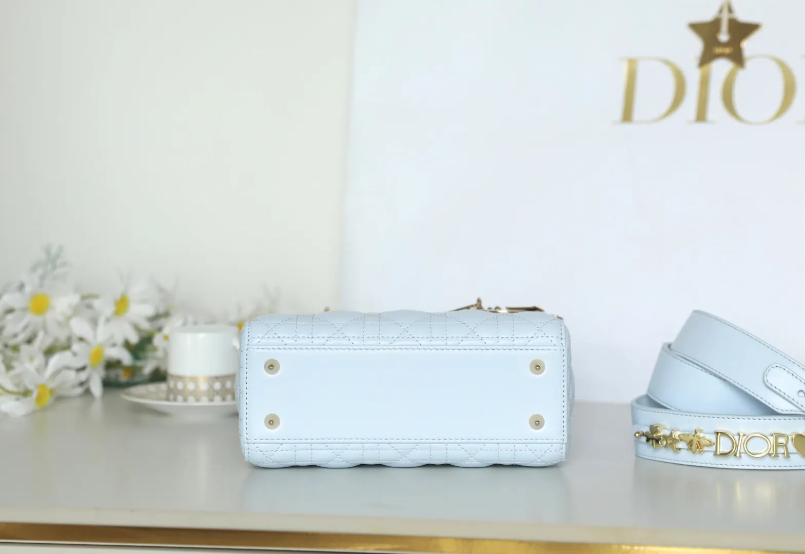 Dior Cannage藤格纹 冰川蓝羊皮手袋 手提斜挎
