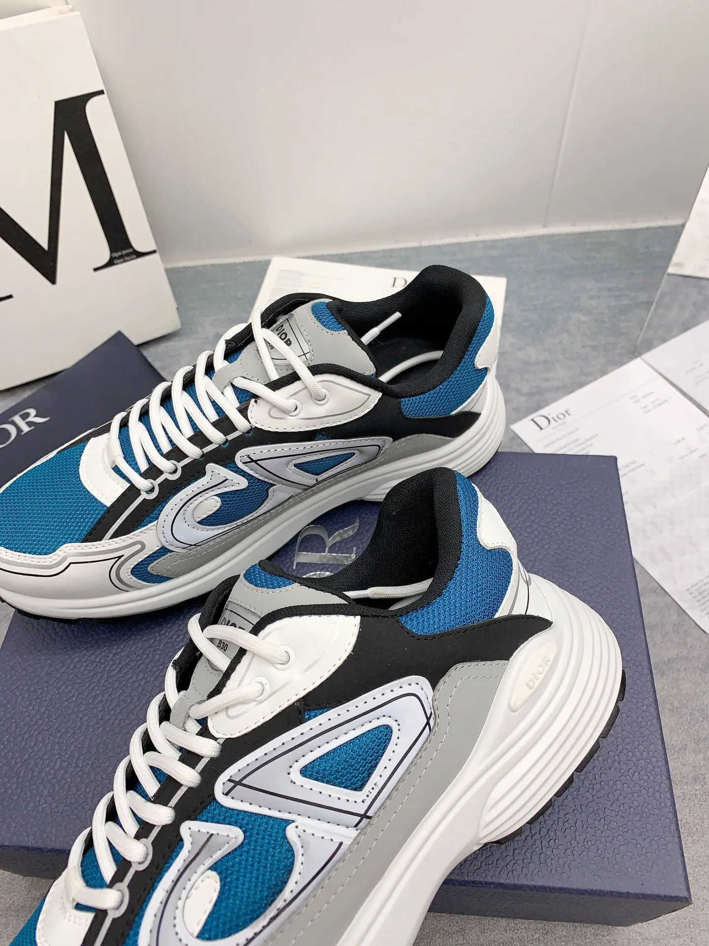 Dior B30 Mesh And Leather Sneakers In Blue Grey