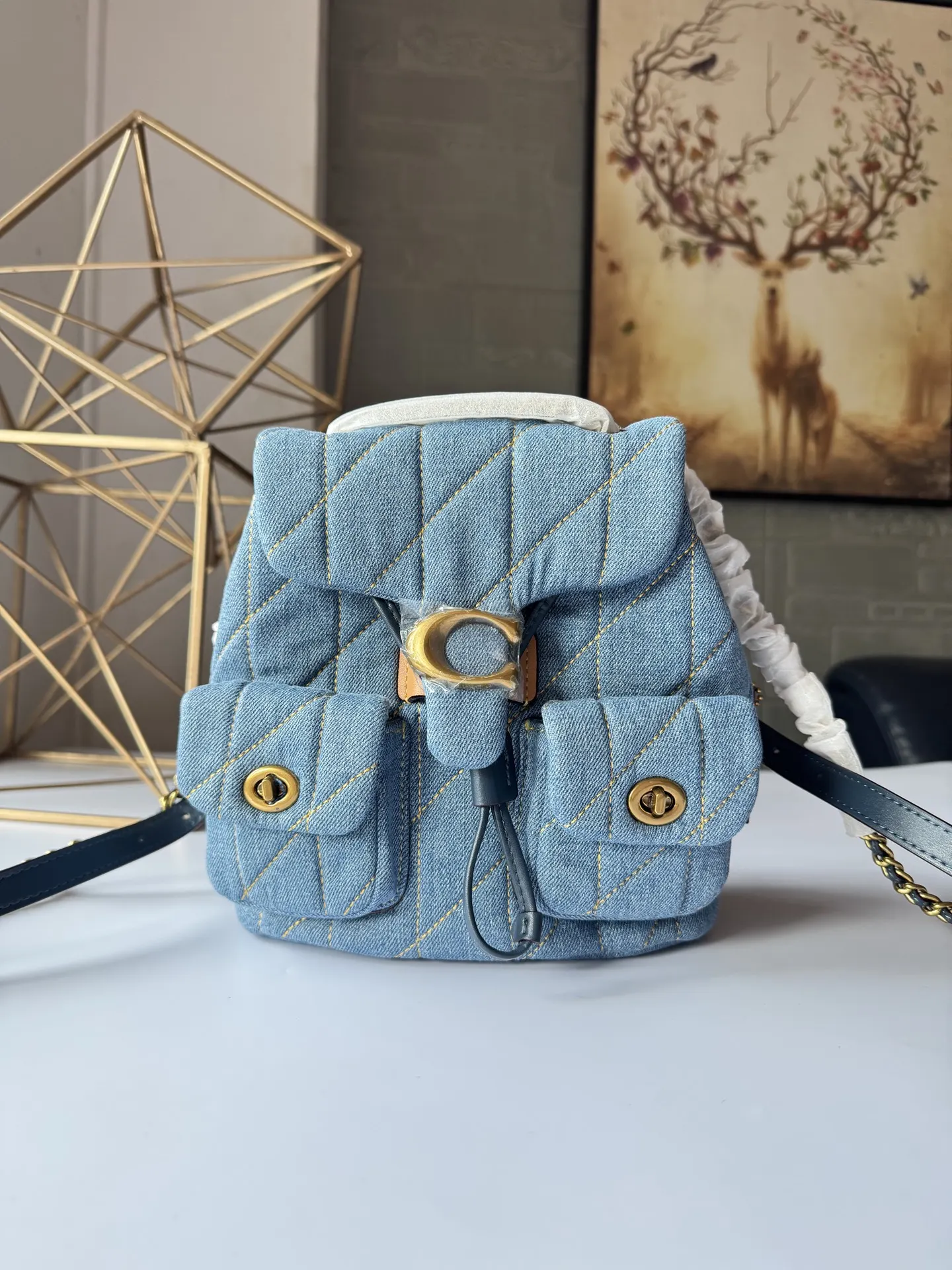 Coach 蓝色 牛仔 羊皮 双肩包 实用双肩款