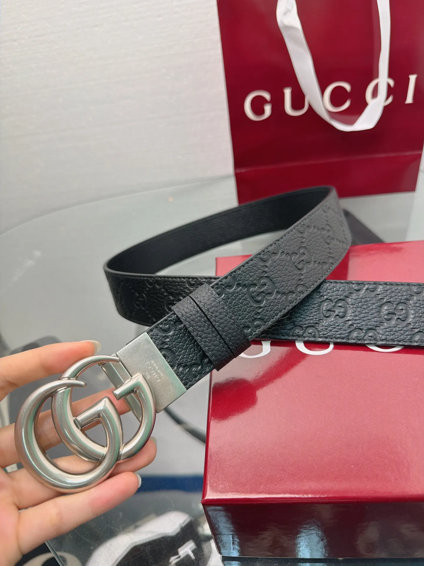Gucci Double G 皮革 Monogram 腰带