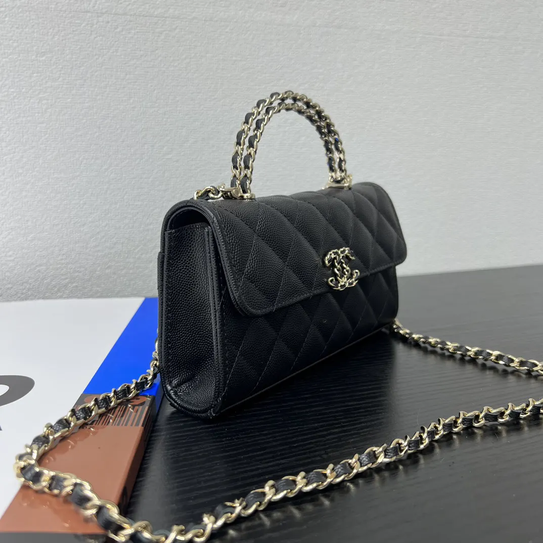 Chanel 黑色菱格Kelly手柄包 金链手提 手提包