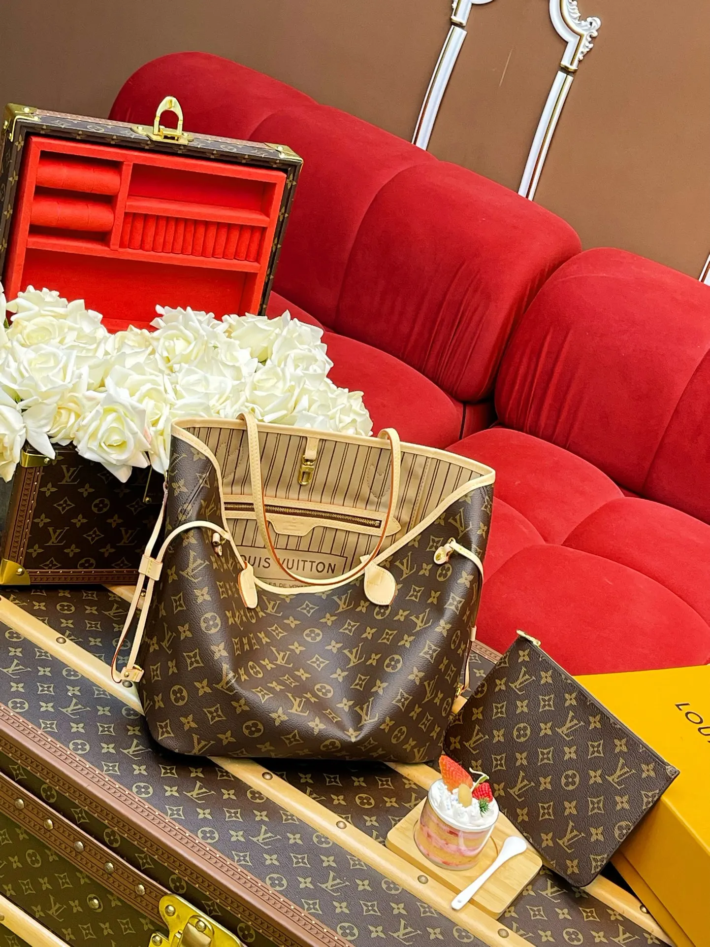 Beige Monogram Tote Bag Leather