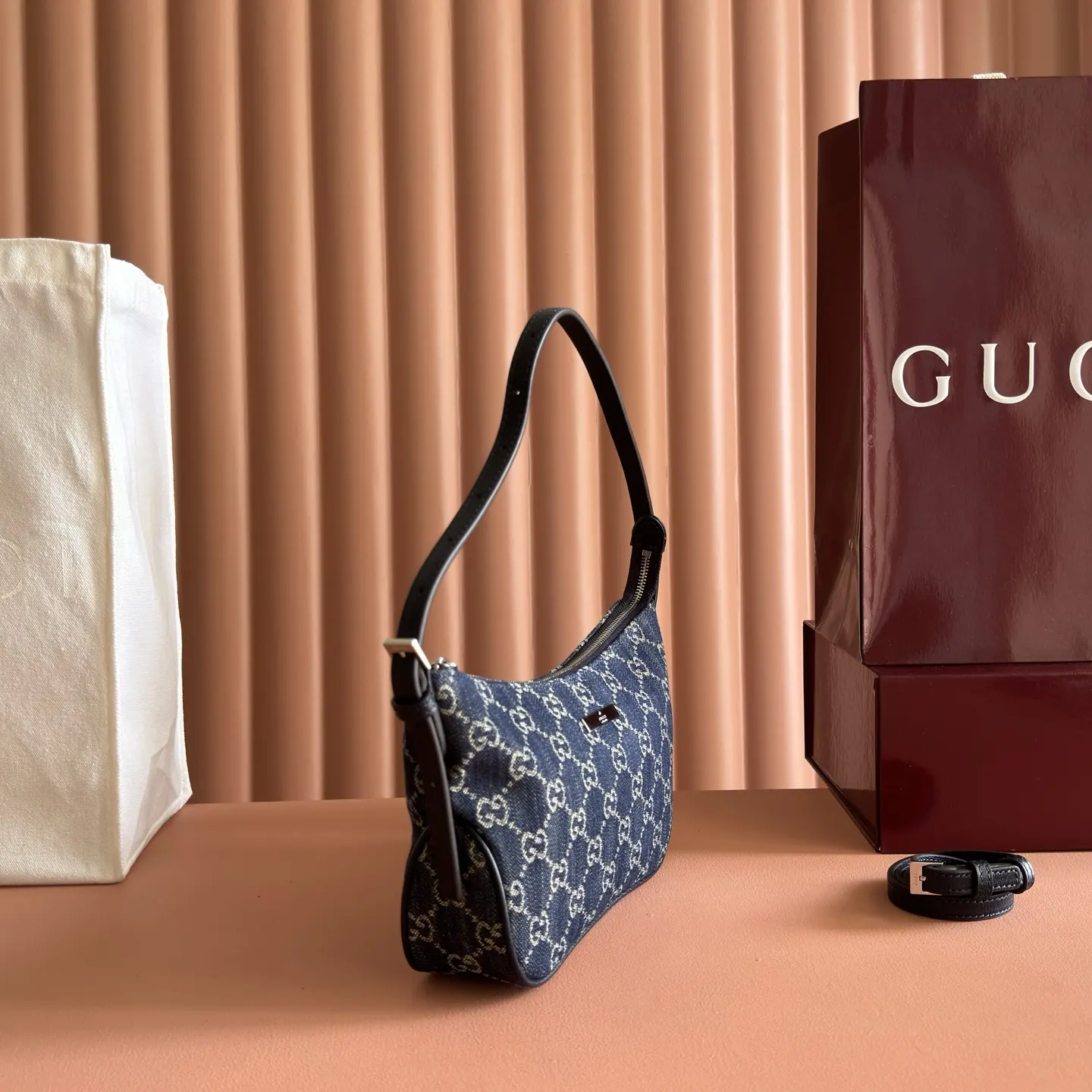 Gucci Blue Brown Hobo Shoulder Bag Vintage Canvas