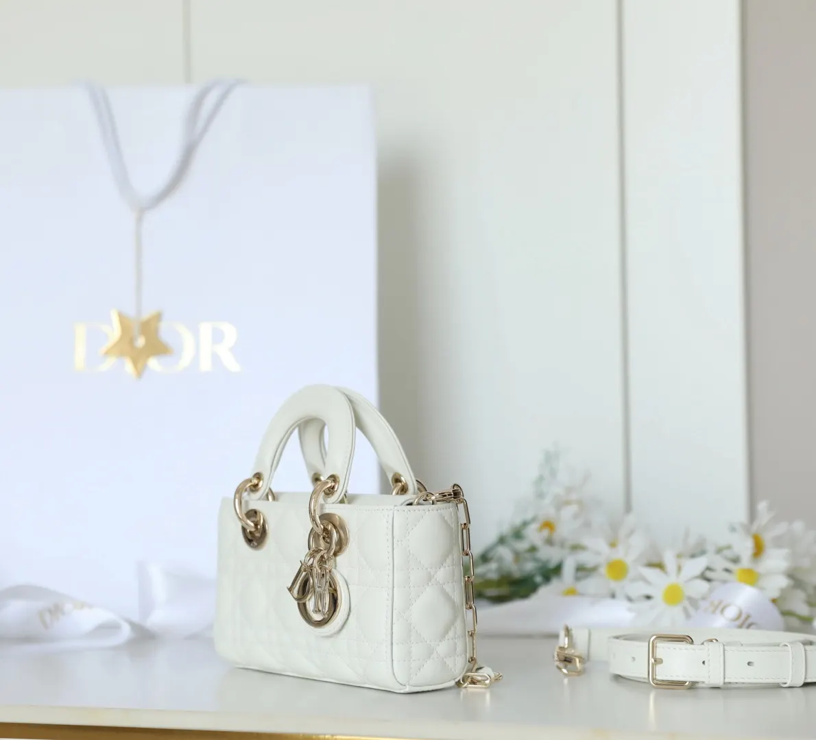 Dior Lady Dior Small White Leather Handbag