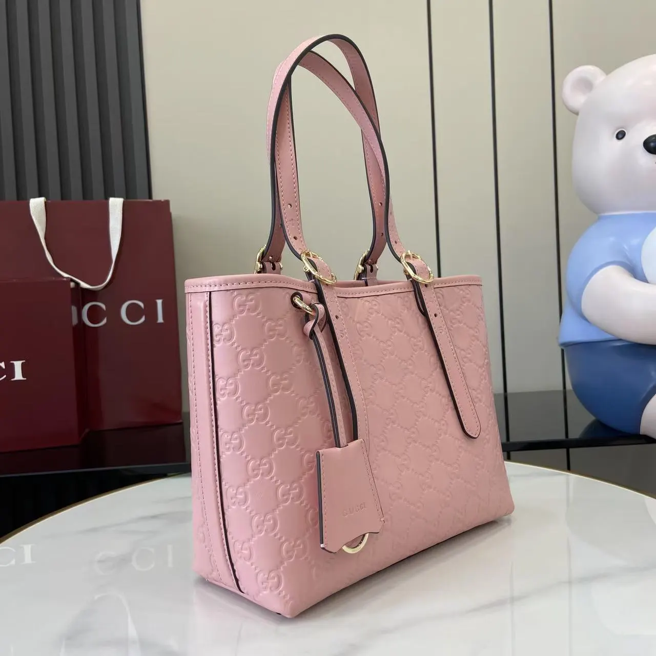 Gucci GG Emblem 粉色 金色 皮革 托特包 大容量托特款