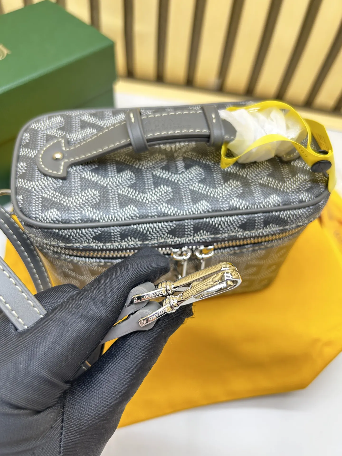 Gray Yellow Cosmetic Pouch Leather