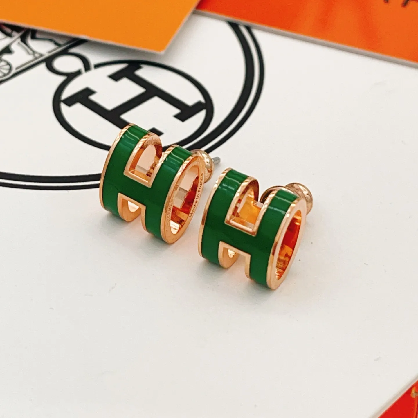Hermes 玫瑰金 綠色 大号 耳钉 小巧点缀款