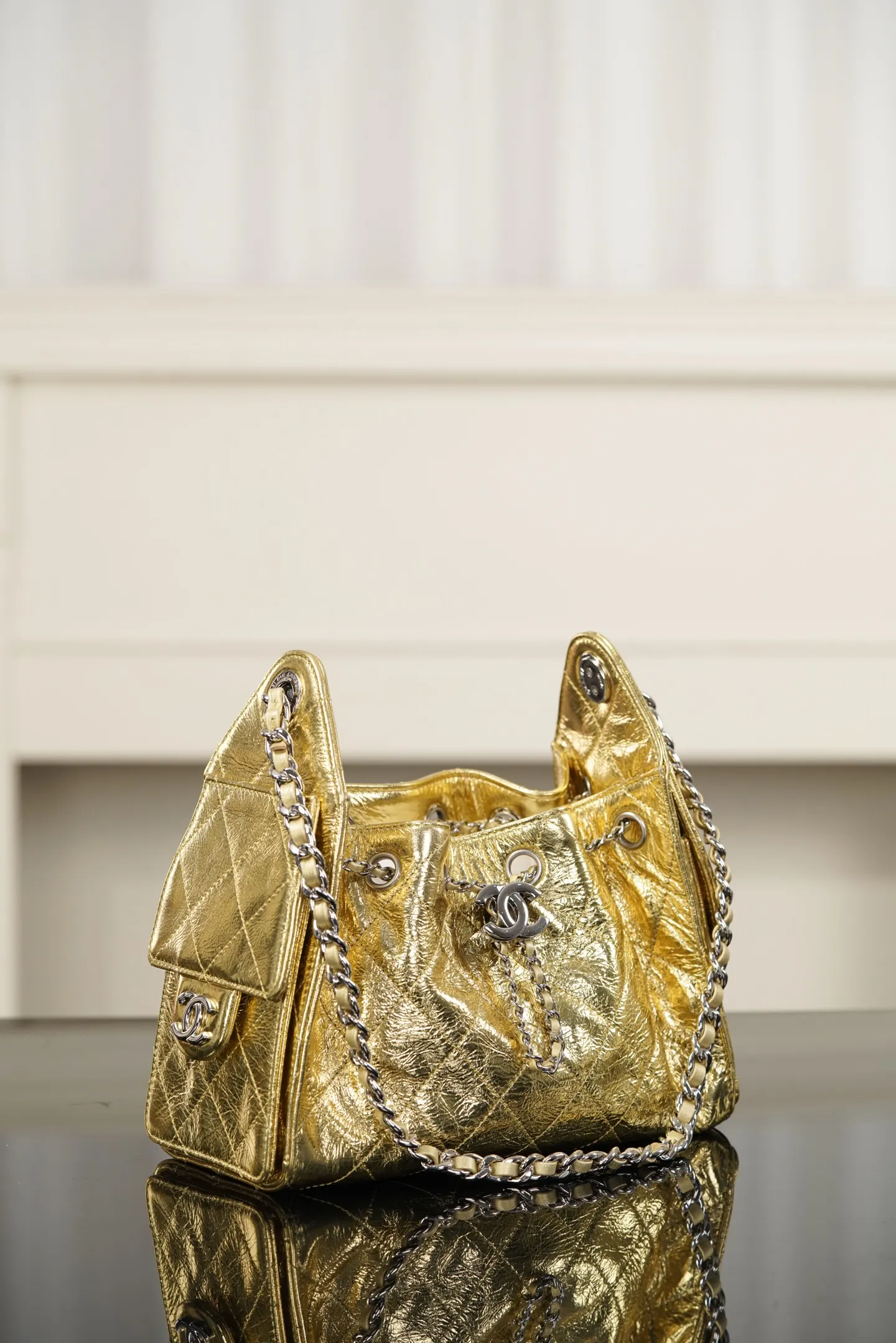 Silver Gold Bucket Bag Casual Leather