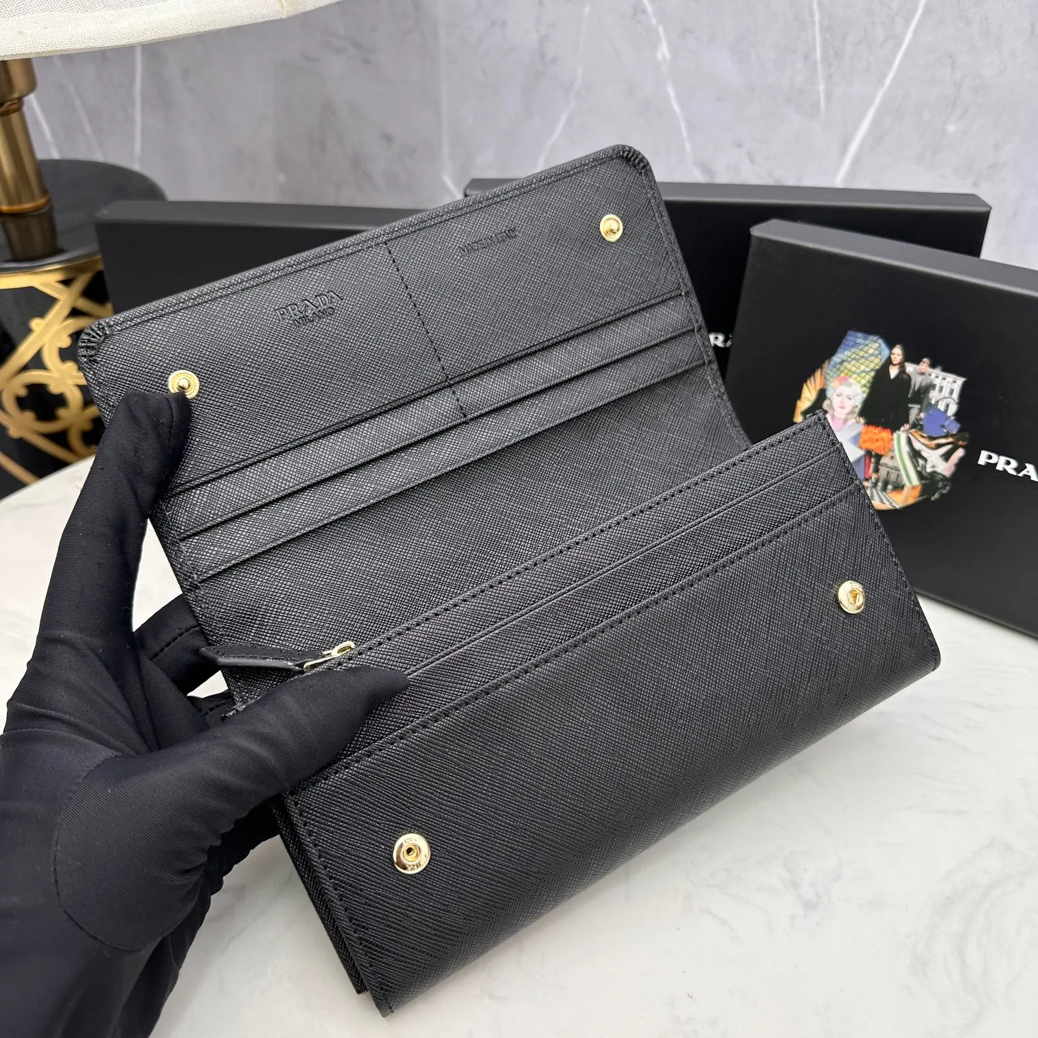 Prada Saffiano Black Leather Triangle Logo Wallet