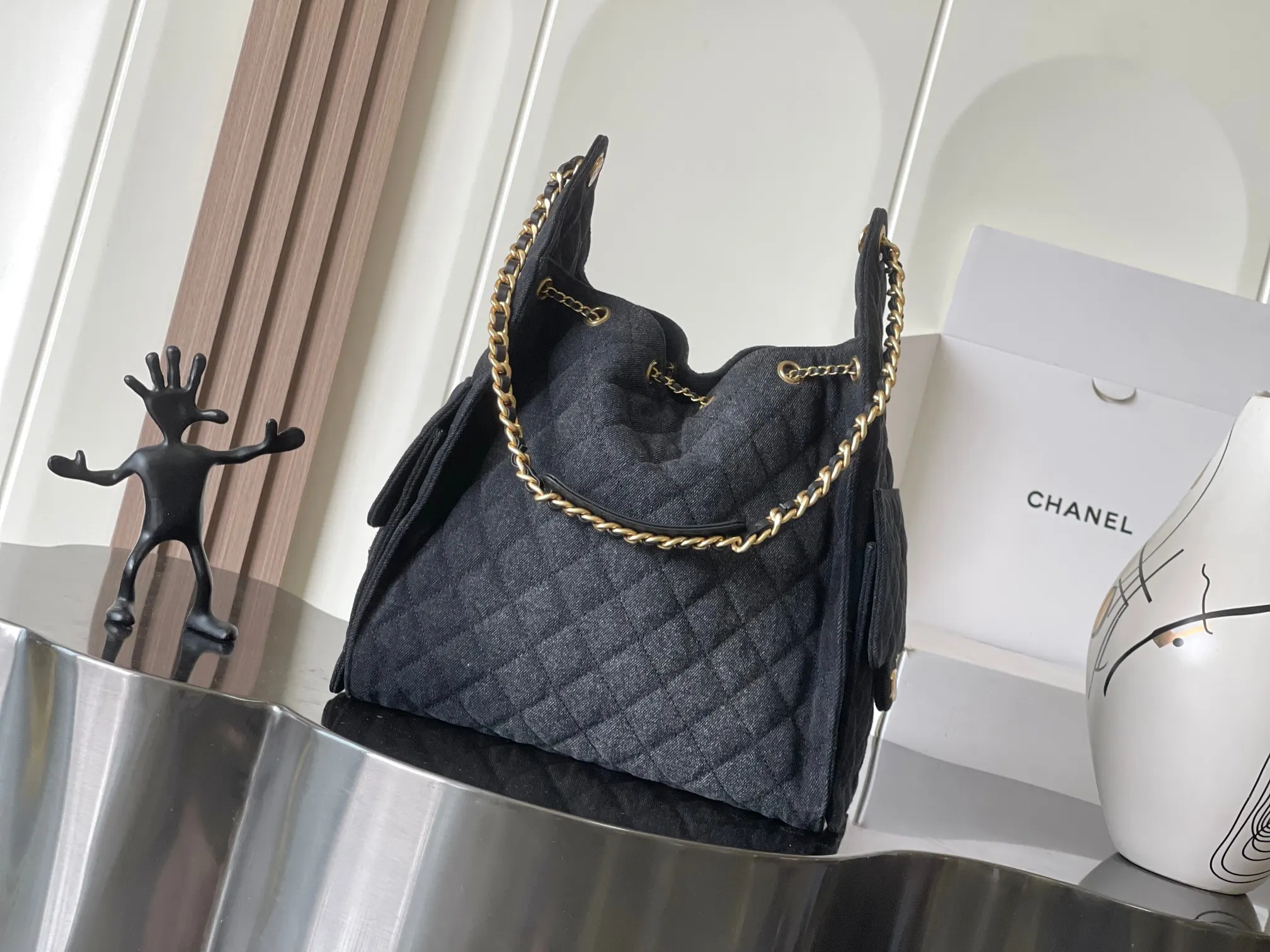 Chanel 黑蓝牛仔布Hobo腋下包 链条单肩