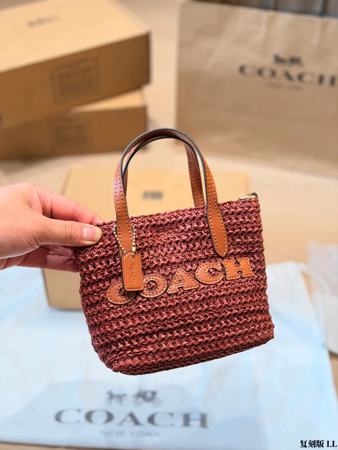 Coach 棕色 紅色 皮革 托特包 大容量托特款
