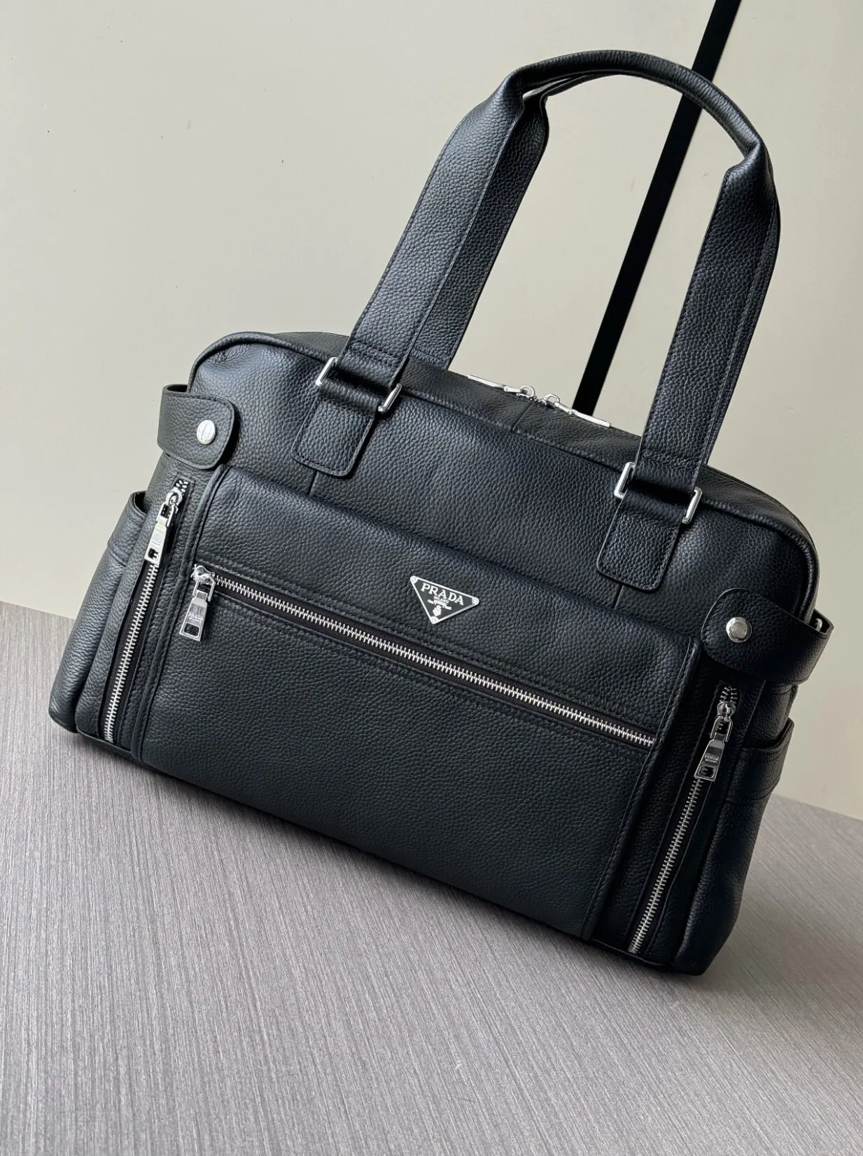 Prada Black Leather Travel Bag Logo
