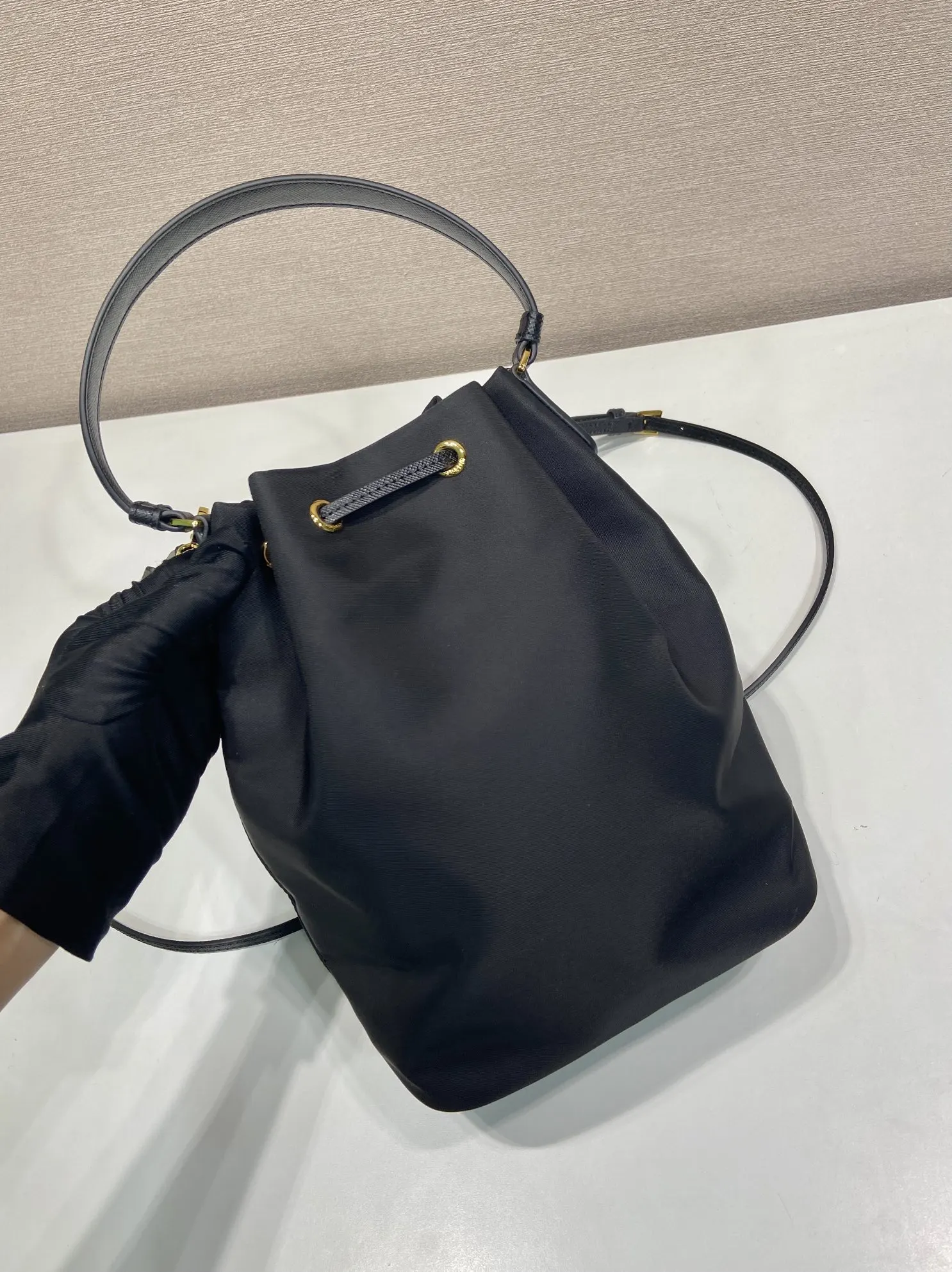Prada Re-Nylon Leather Saffiano Bucket Bag
