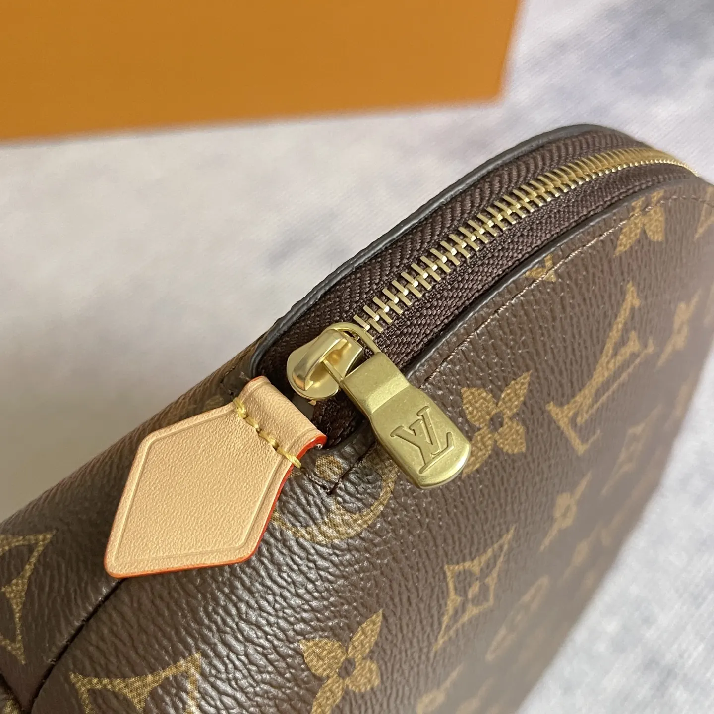Gold Monogram Cosmetic Pouch Leather