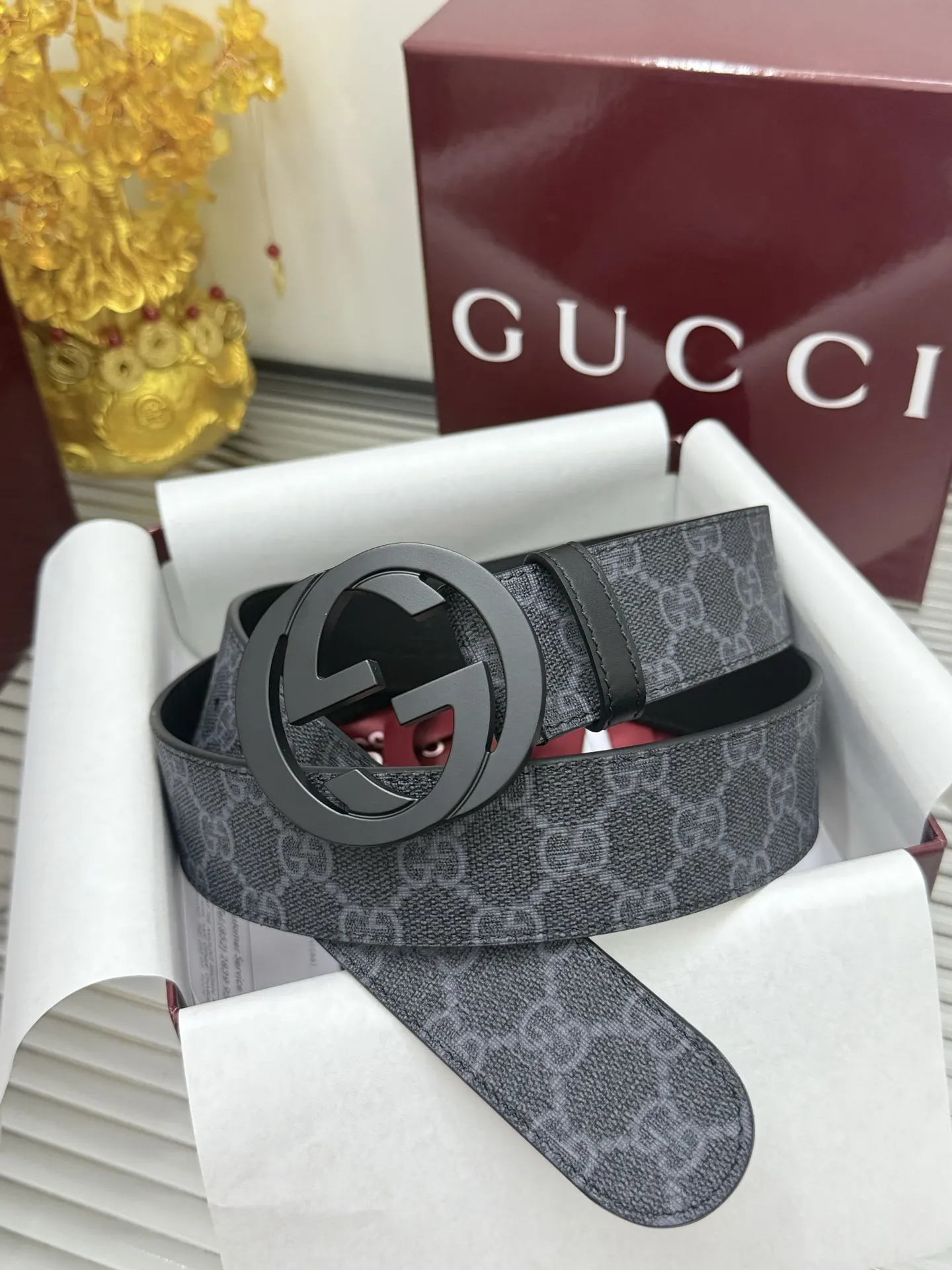 Gucci Double G 皮革腰帶 黑色