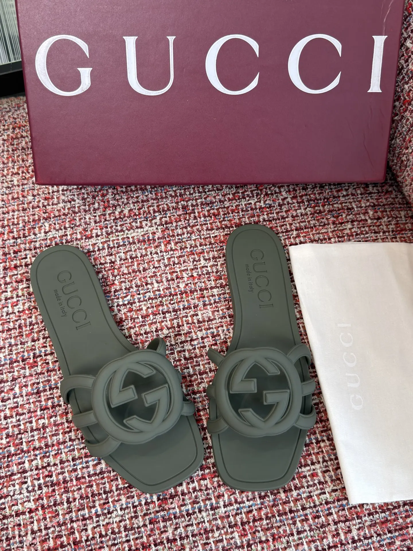 Gucci Interlocking G 灰绿色凉拖 休闲 运动鞋