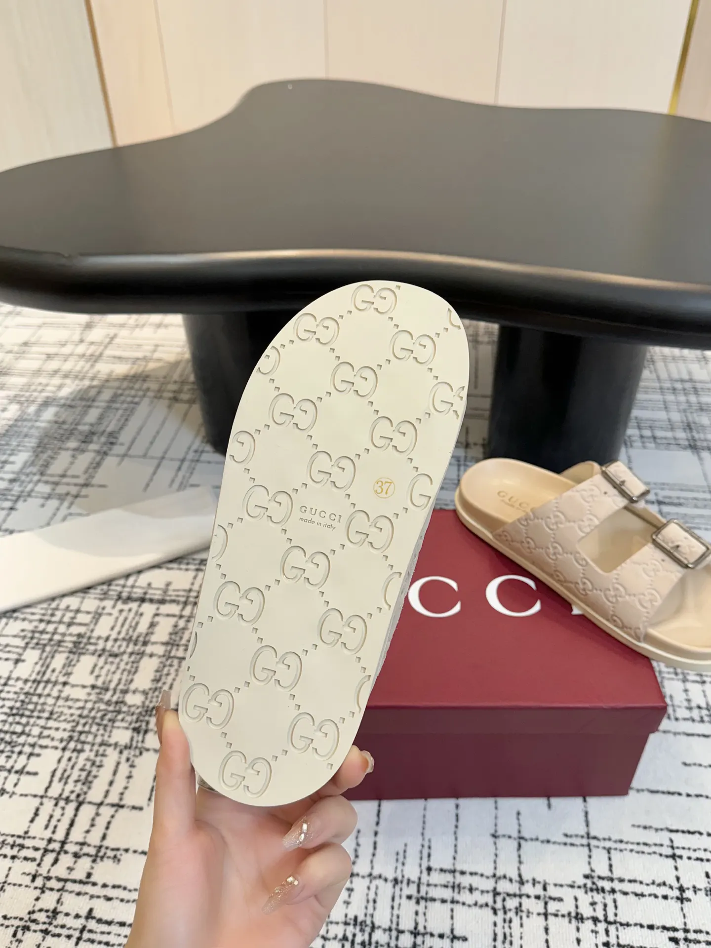 Gucci Monogram Ivory Slides Double Buckle