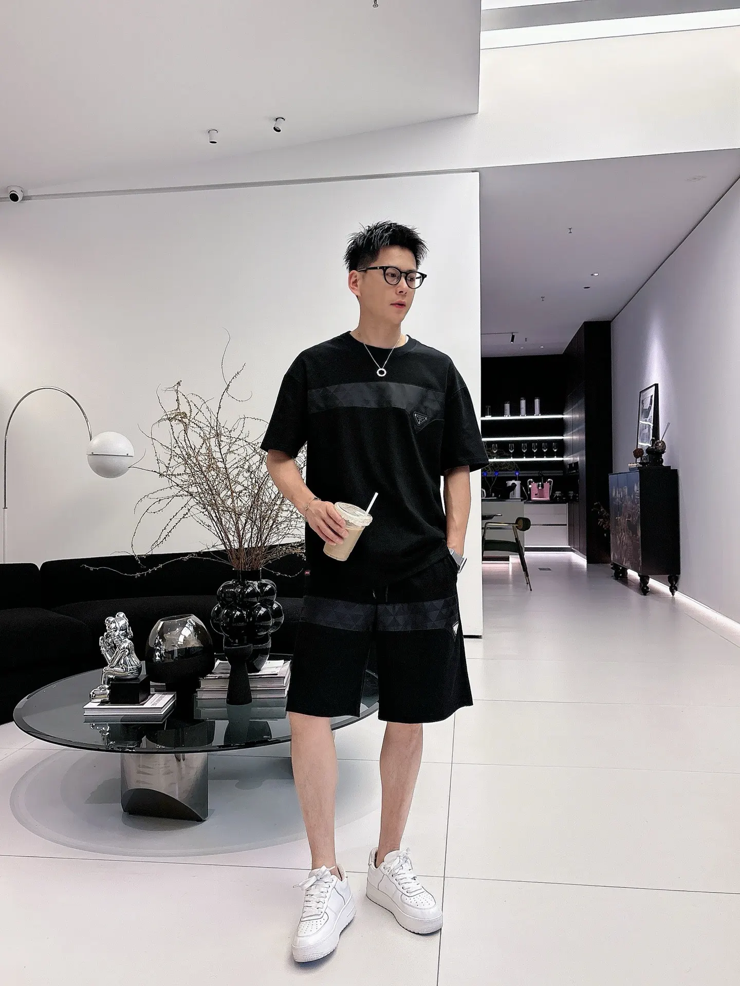 Prada Triangle Logo Horizontal Panel T-Shirt In Black