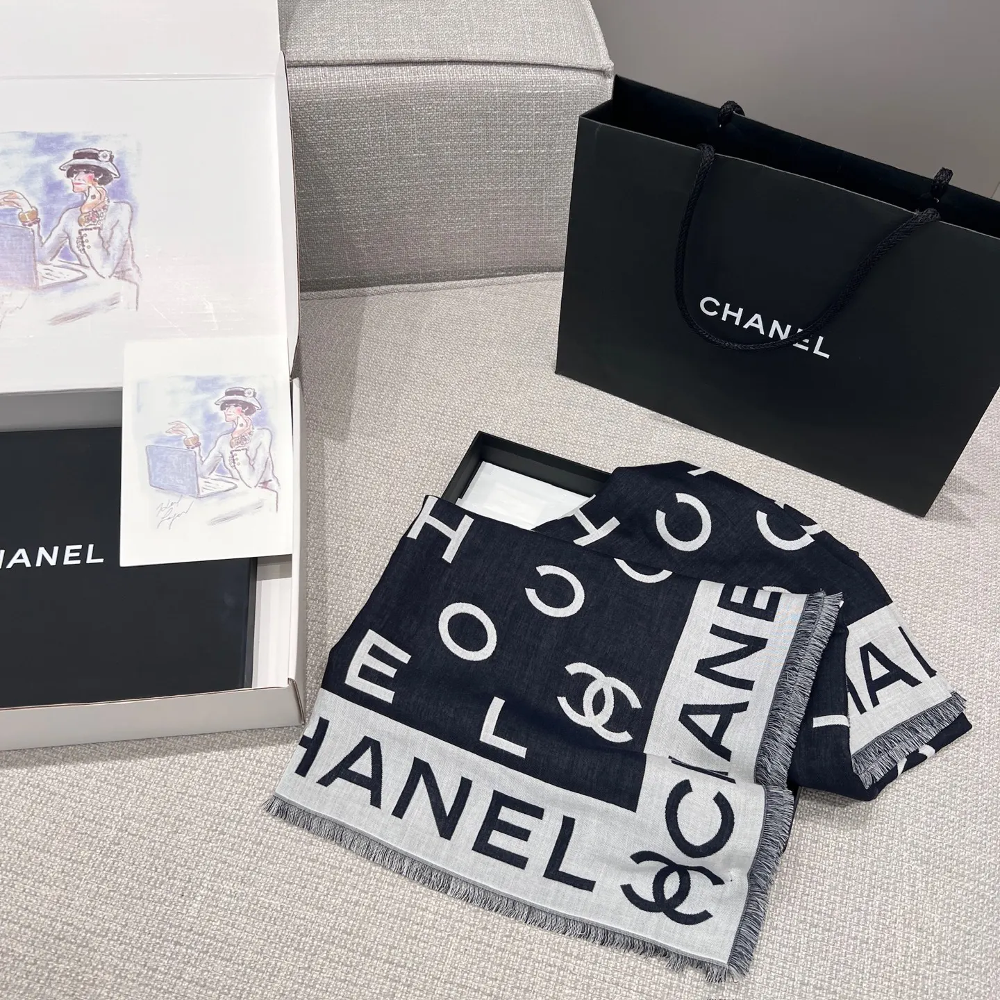 Chanel 藍色 羊毛 圍巾