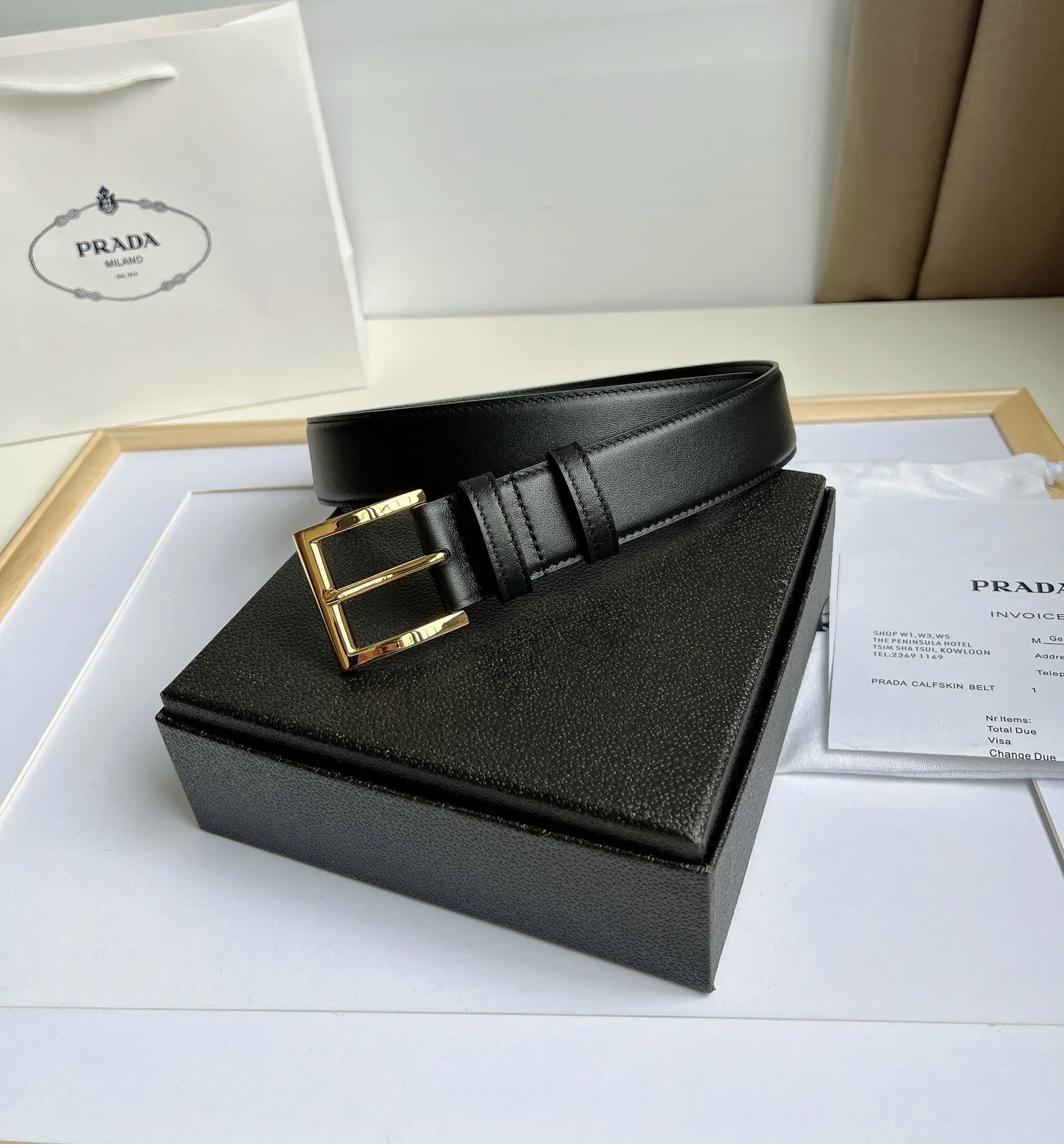 Prada 黑色/金色 皮革 腰带