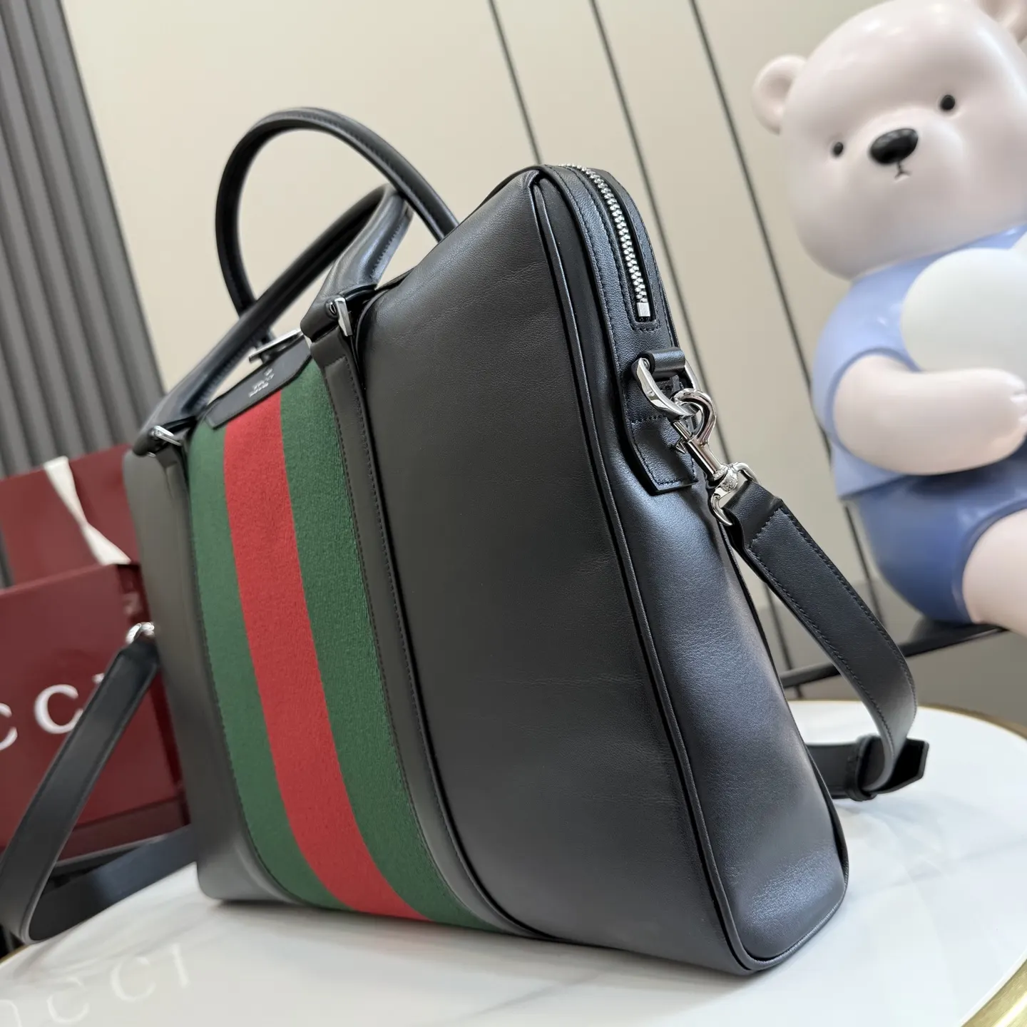 Gucci Black Silver Briefcase Business Commuter Leather