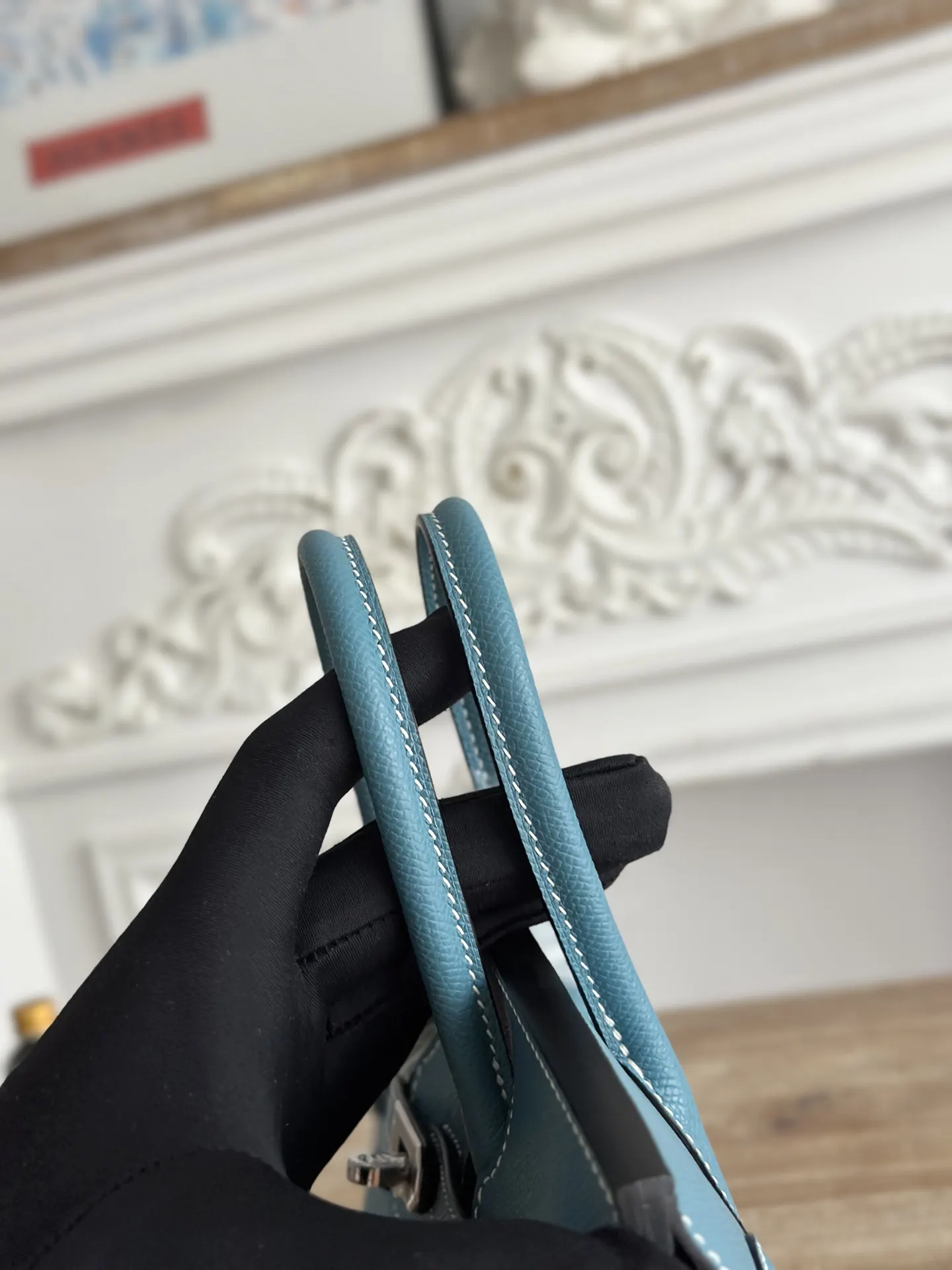 牛仔 BK 进口eom皮 半手工手缝蜡线 顏色 牛仔藍 銀 手提包 通勤手提款
