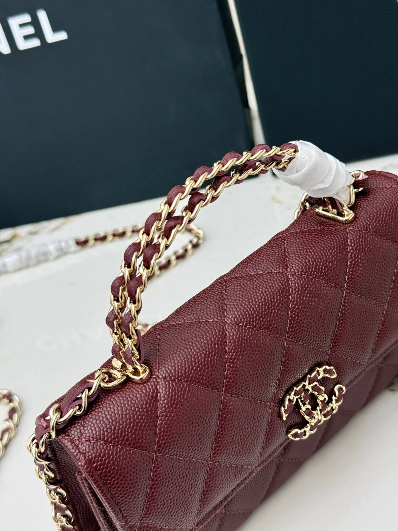 Chanel 酒紅色牛皮Kelly手提包 金链斜挎