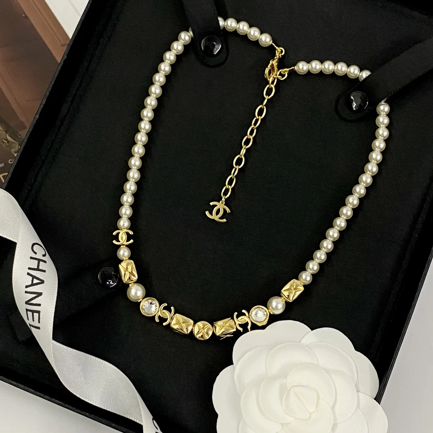 Chanel 金色 珍珠 双C 链条 项链 精致锁骨链
