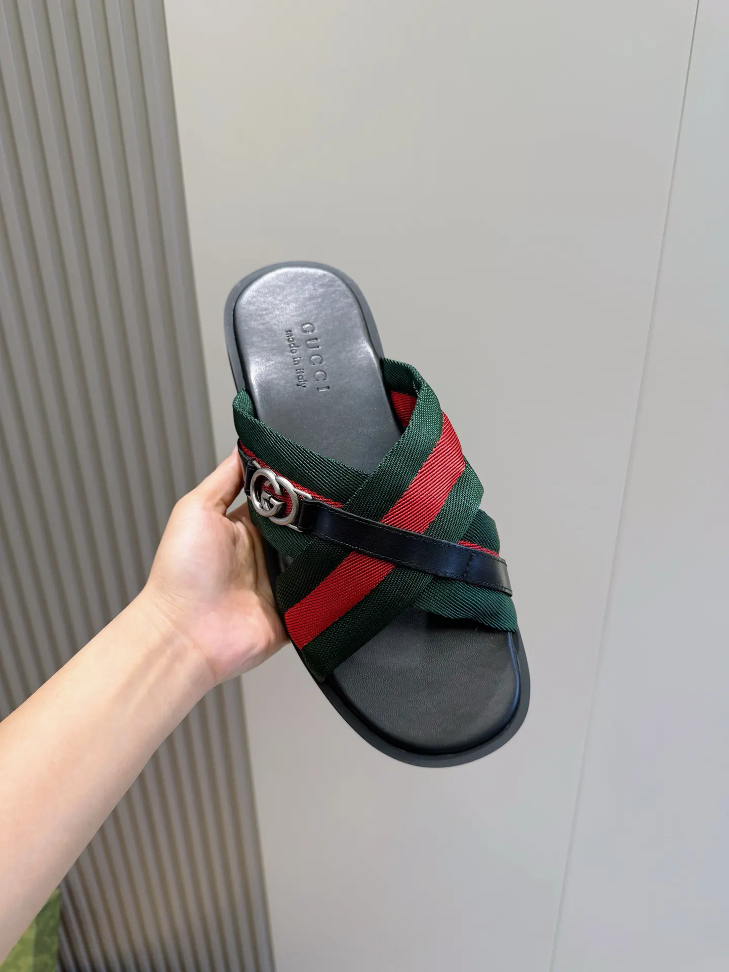 Gucci Web Stripe Cross Strap Slides In Black Red And Green