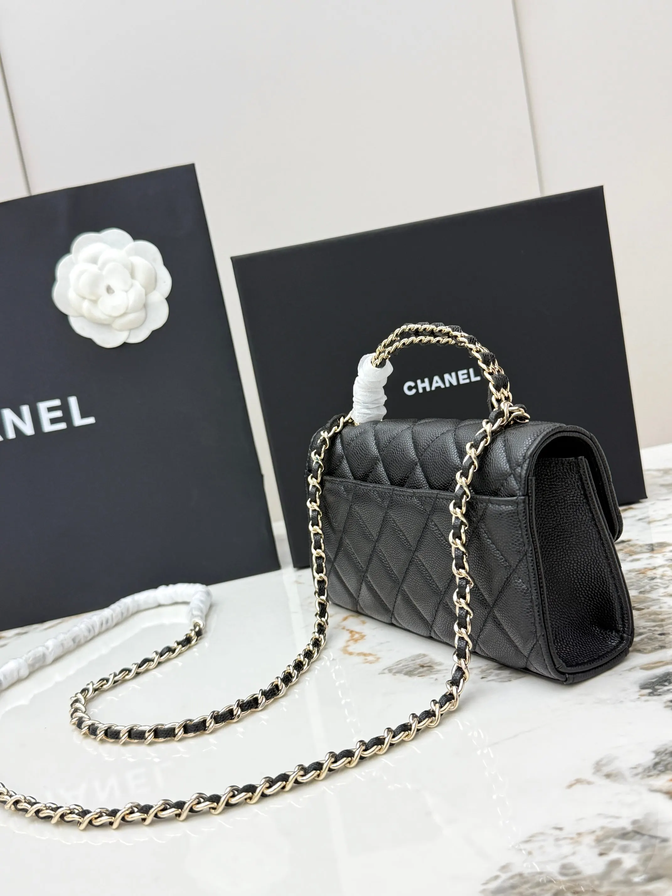 Chanel Black Top Handle Bag Leather