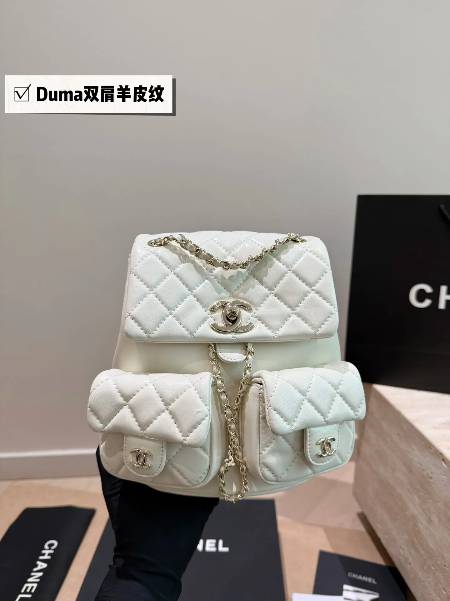 白色 金色 羊皮 雙肩包 实用雙肩款