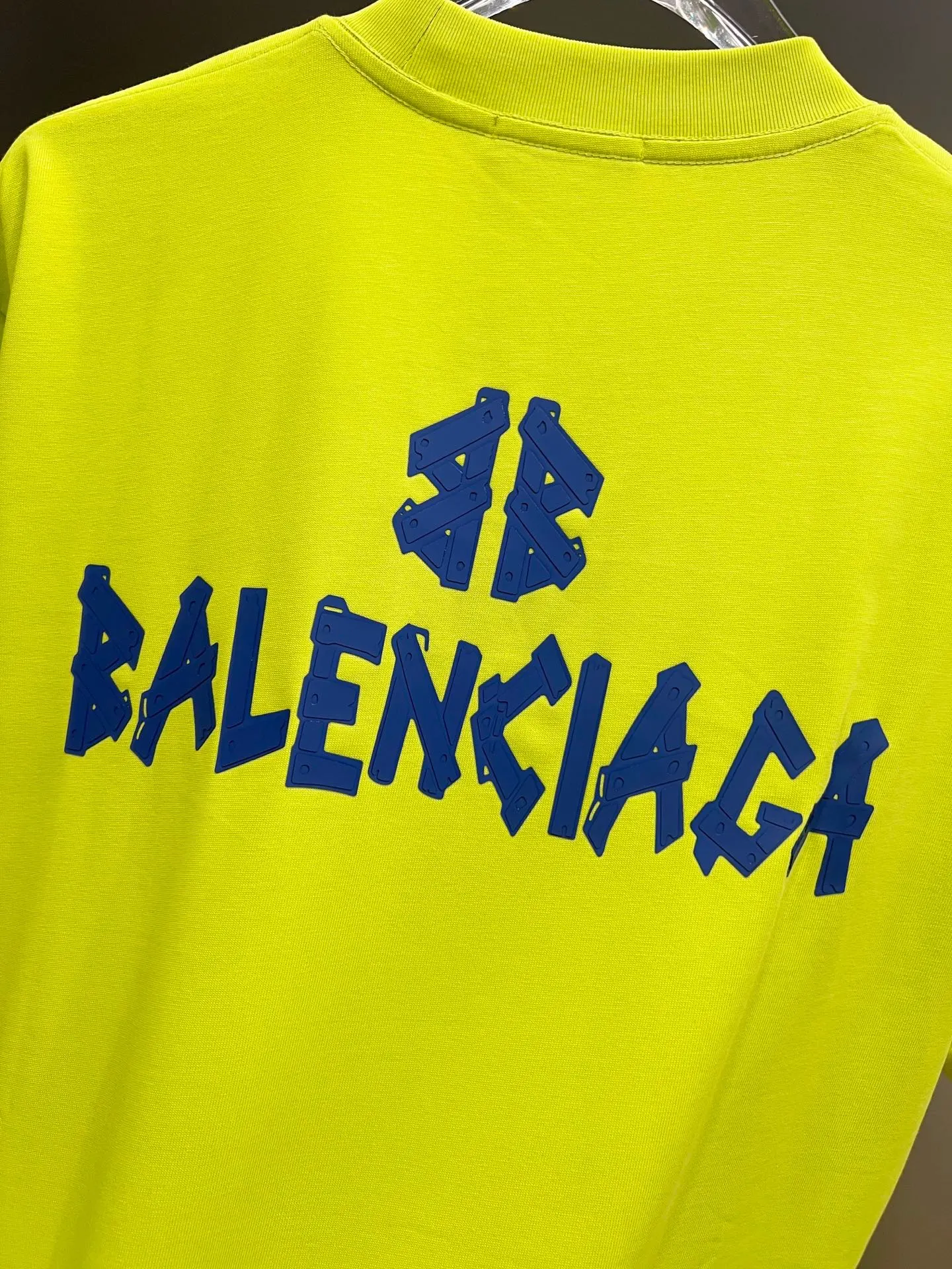 Balenciaga Blue Crest Letter Crew Neck T-Shirt In Neon Yellow